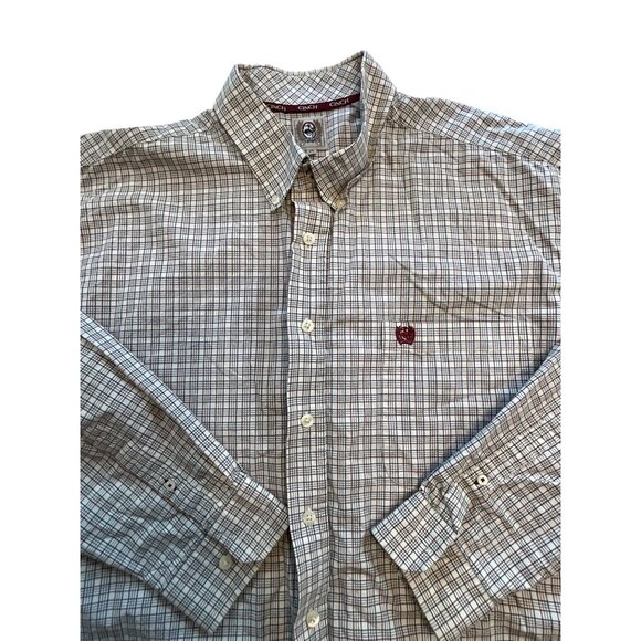 Cinch Long‎ Sleeve XL Button Up Shirt Ivory with Small Red/Black Checks - Picture 1 of 8